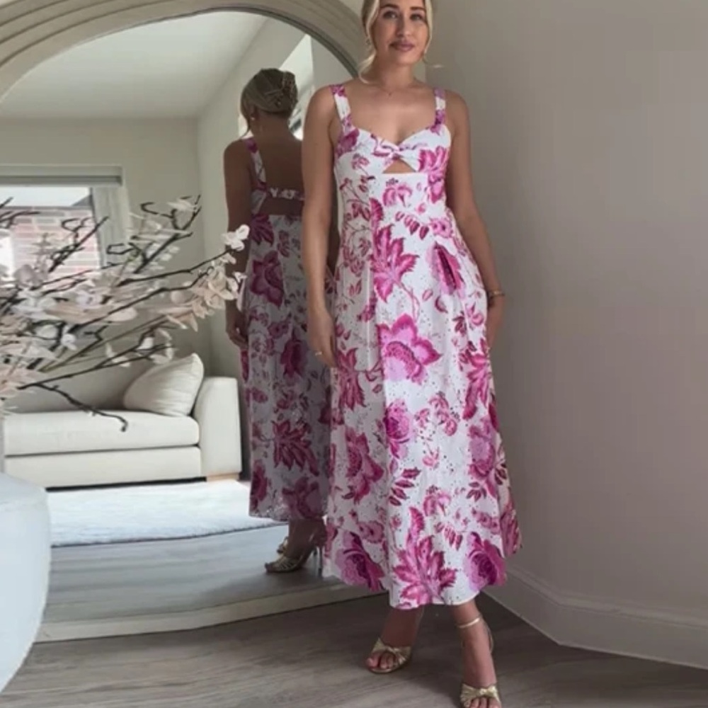 ZARA NEW WOMAN FLORAL PRINTED DRESS WITH OPENWORK EMBROIDERY PINK